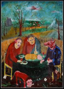 Calistrat Robu - Masă bogată, 1988 Ulei pe lemn, 40 x 33 cm